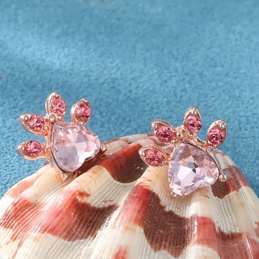 Crystal Pink Cat Dog Paw Earrings - Picture 7 of 7